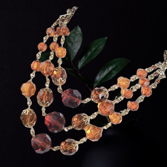 Woman's Vintage Necklace Signed Amber Glass 3 Strand Antique Gold Finish - Picture 9 of 9